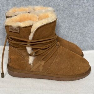Minnetonka Woburn Wrap Lace Shearling Lined Ankle Boots-Tan-Women Size 7
